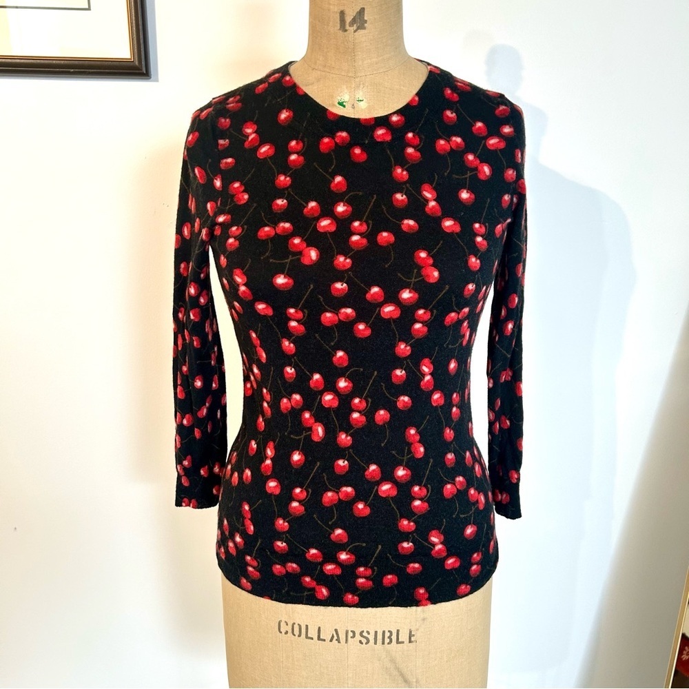 J. Crew Black and Red Cherry Print Tippi 3/4 Sleeve Crew Neck Sweater S